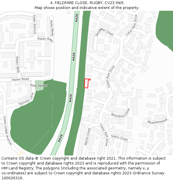 4, FIELDFARE CLOSE, RUGBY, CV23 0WS: Location map and indicative extent of plot