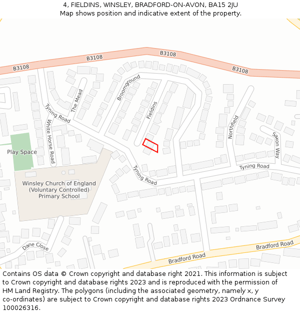 4, FIELDINS, WINSLEY, BRADFORD-ON-AVON, BA15 2JU: Location map and indicative extent of plot