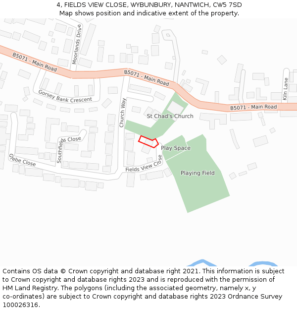 4, FIELDS VIEW CLOSE, WYBUNBURY, NANTWICH, CW5 7SD: Location map and indicative extent of plot