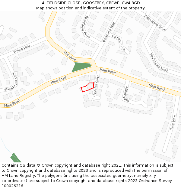 4, FIELDSIDE CLOSE, GOOSTREY, CREWE, CW4 8GD: Location map and indicative extent of plot