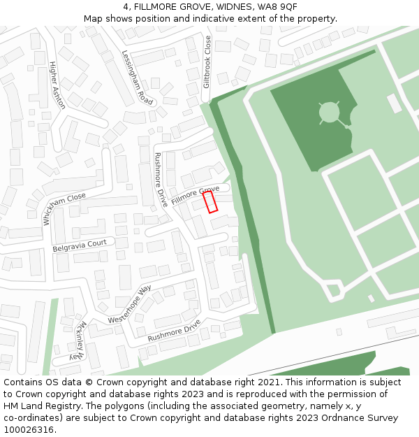 4, FILLMORE GROVE, WIDNES, WA8 9QF: Location map and indicative extent of plot