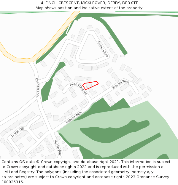 4, FINCH CRESCENT, MICKLEOVER, DERBY, DE3 0TT: Location map and indicative extent of plot