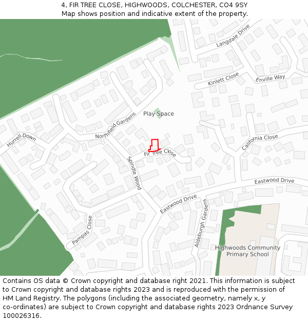 4, FIR TREE CLOSE, HIGHWOODS, COLCHESTER, CO4 9SY: Location map and indicative extent of plot