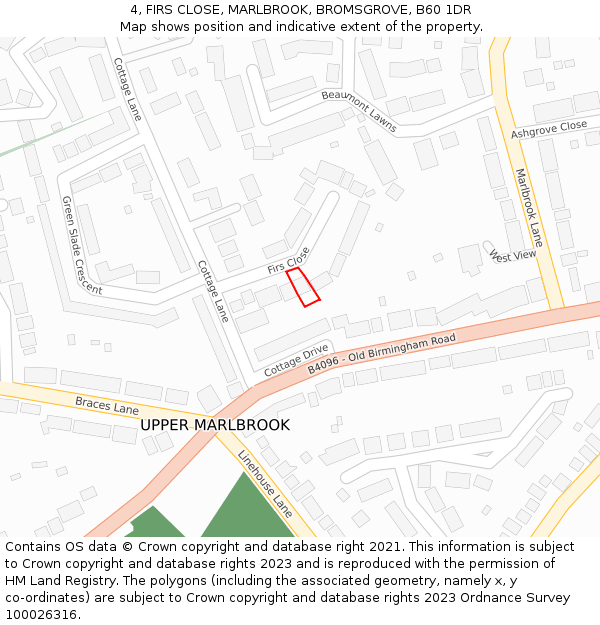 4, FIRS CLOSE, MARLBROOK, BROMSGROVE, B60 1DR: Location map and indicative extent of plot