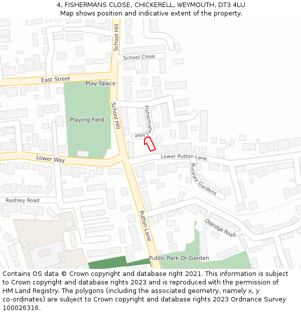 4, FISHERMANS CLOSE, CHICKERELL, WEYMOUTH, DT3 4LU: Location map and indicative extent of plot