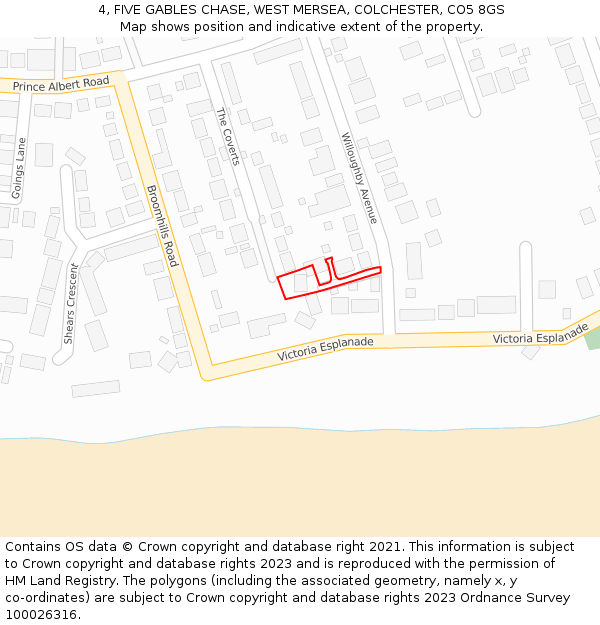 4, FIVE GABLES CHASE, WEST MERSEA, COLCHESTER, CO5 8GS: Location map and indicative extent of plot