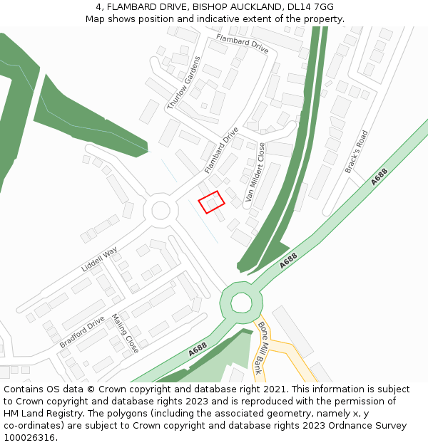 4, FLAMBARD DRIVE, BISHOP AUCKLAND, DL14 7GG: Location map and indicative extent of plot