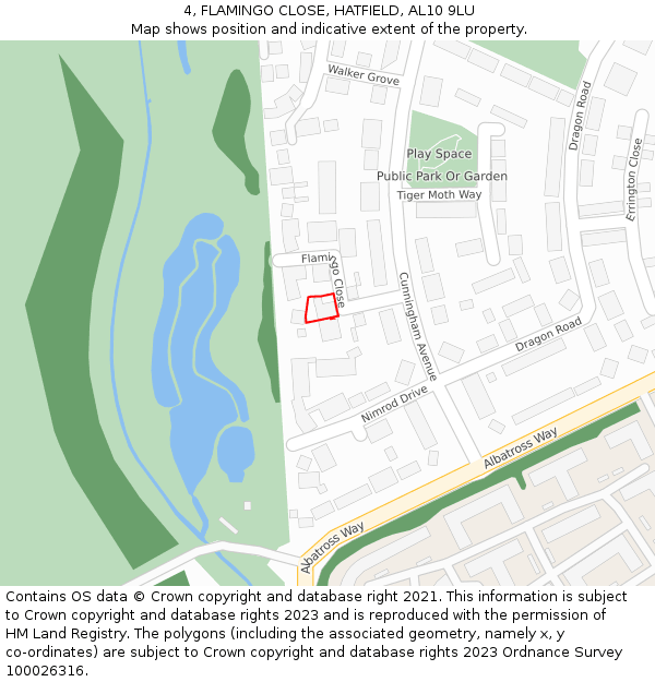 4, FLAMINGO CLOSE, HATFIELD, AL10 9LU: Location map and indicative extent of plot