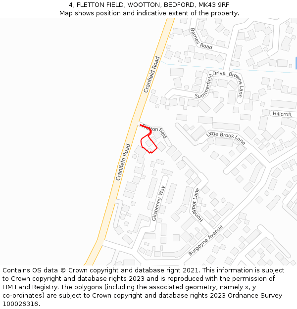 4, FLETTON FIELD, WOOTTON, BEDFORD, MK43 9RF: Location map and indicative extent of plot