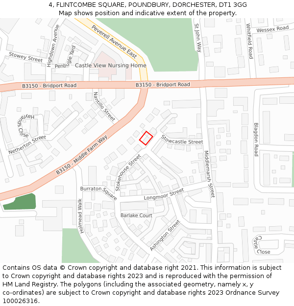 4, FLINTCOMBE SQUARE, POUNDBURY, DORCHESTER, DT1 3GG: Location map and indicative extent of plot