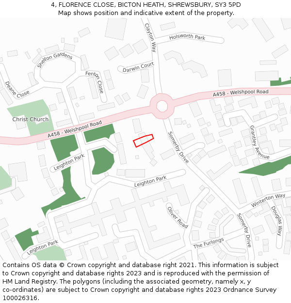 4, FLORENCE CLOSE, BICTON HEATH, SHREWSBURY, SY3 5PD: Location map and indicative extent of plot