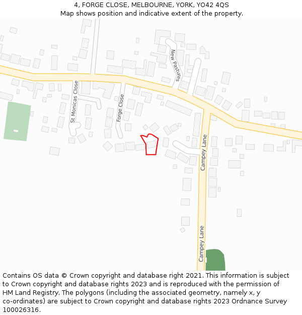 4, FORGE CLOSE, MELBOURNE, YORK, YO42 4QS: Location map and indicative extent of plot