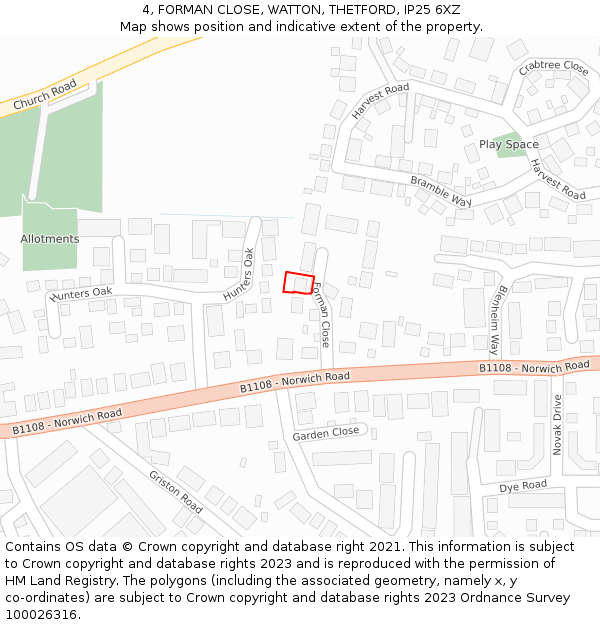 4, FORMAN CLOSE, WATTON, THETFORD, IP25 6XZ: Location map and indicative extent of plot