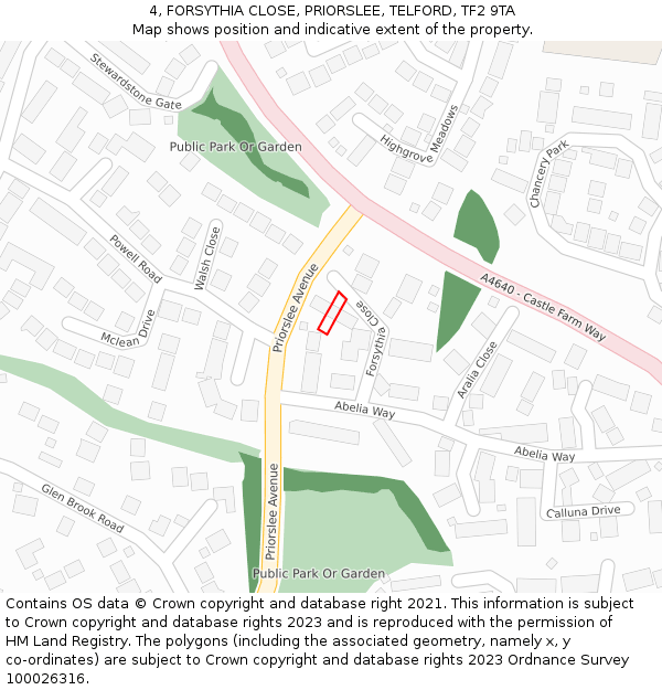 4, FORSYTHIA CLOSE, PRIORSLEE, TELFORD, TF2 9TA: Location map and indicative extent of plot