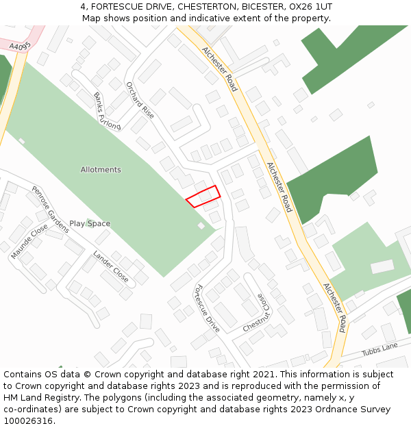 4, FORTESCUE DRIVE, CHESTERTON, BICESTER, OX26 1UT: Location map and indicative extent of plot