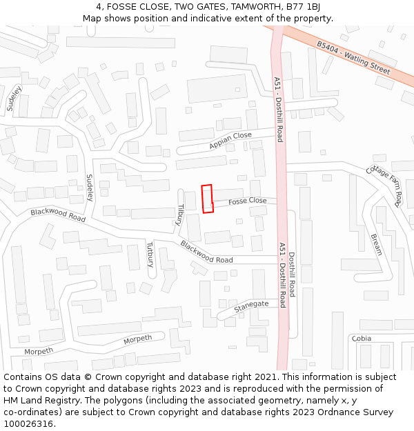 4, FOSSE CLOSE, TWO GATES, TAMWORTH, B77 1BJ: Location map and indicative extent of plot