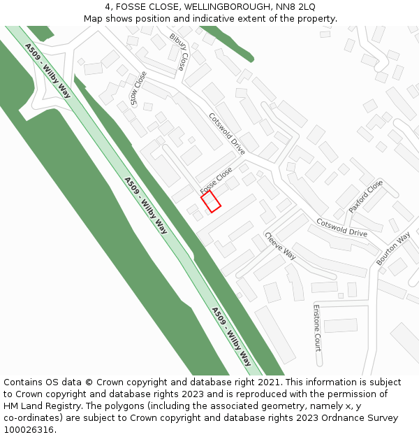 4, FOSSE CLOSE, WELLINGBOROUGH, NN8 2LQ: Location map and indicative extent of plot