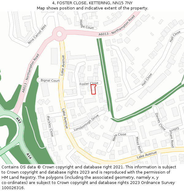 4, FOSTER CLOSE, KETTERING, NN15 7NY: Location map and indicative extent of plot