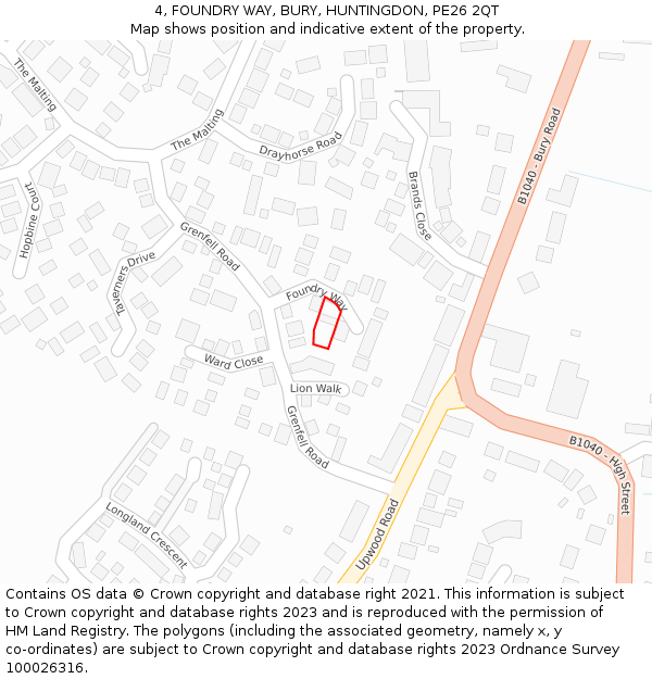 4, FOUNDRY WAY, BURY, HUNTINGDON, PE26 2QT: Location map and indicative extent of plot