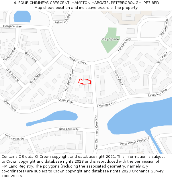 4, FOUR CHIMNEYS CRESCENT, HAMPTON HARGATE, PETERBOROUGH, PE7 8ED: Location map and indicative extent of plot