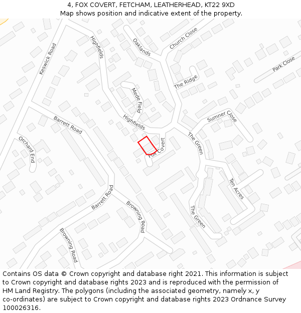 4, FOX COVERT, FETCHAM, LEATHERHEAD, KT22 9XD: Location map and indicative extent of plot