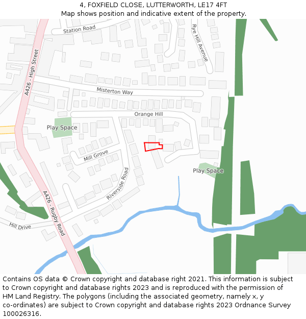 4, FOXFIELD CLOSE, LUTTERWORTH, LE17 4FT: Location map and indicative extent of plot