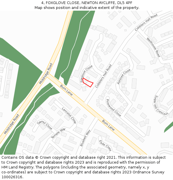 4, FOXGLOVE CLOSE, NEWTON AYCLIFFE, DL5 4PF: Location map and indicative extent of plot