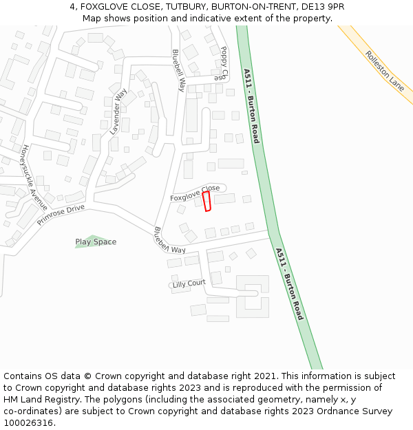 4, FOXGLOVE CLOSE, TUTBURY, BURTON-ON-TRENT, DE13 9PR: Location map and indicative extent of plot