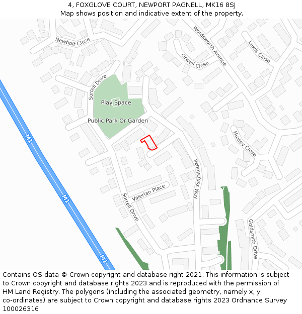 4, FOXGLOVE COURT, NEWPORT PAGNELL, MK16 8SJ: Location map and indicative extent of plot