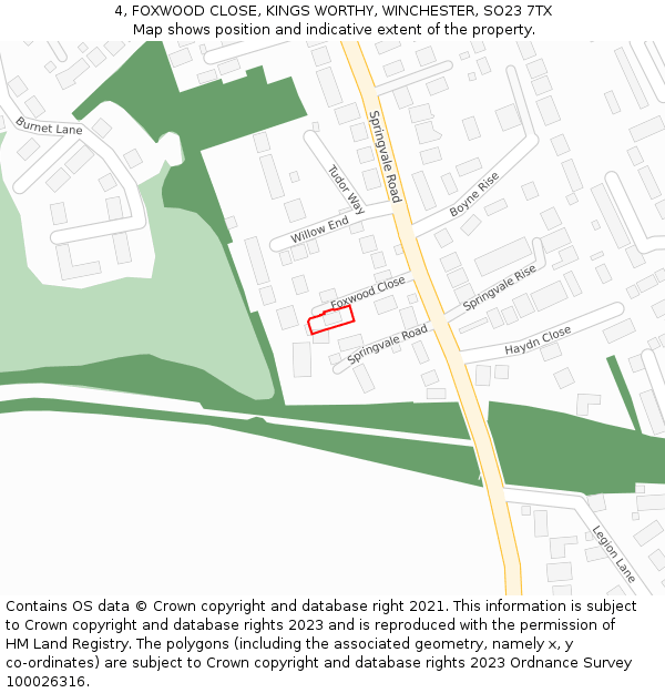 4, FOXWOOD CLOSE, KINGS WORTHY, WINCHESTER, SO23 7TX: Location map and indicative extent of plot