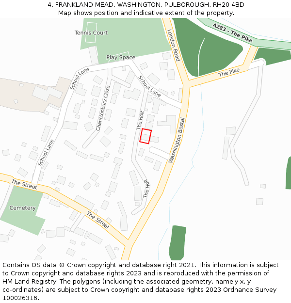 4, FRANKLAND MEAD, WASHINGTON, PULBOROUGH, RH20 4BD: Location map and indicative extent of plot