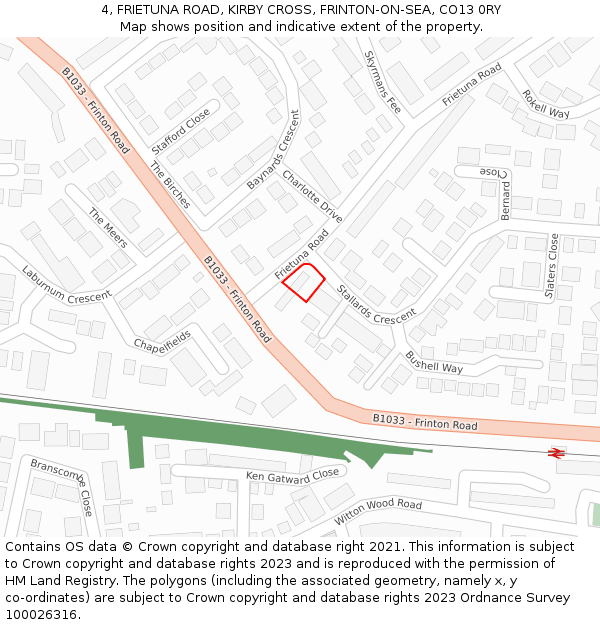 4, FRIETUNA ROAD, KIRBY CROSS, FRINTON-ON-SEA, CO13 0RY: Location map and indicative extent of plot