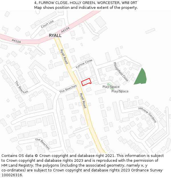 4, FURROW CLOSE, HOLLY GREEN, WORCESTER, WR8 0RT: Location map and indicative extent of plot