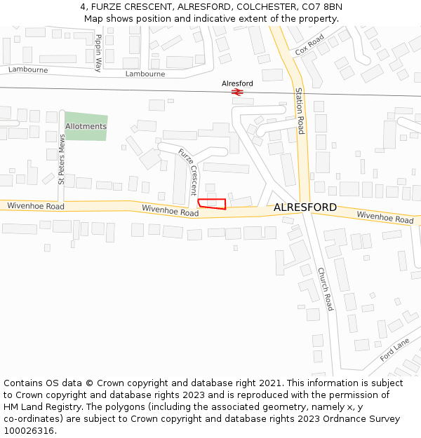 4, FURZE CRESCENT, ALRESFORD, COLCHESTER, CO7 8BN: Location map and indicative extent of plot