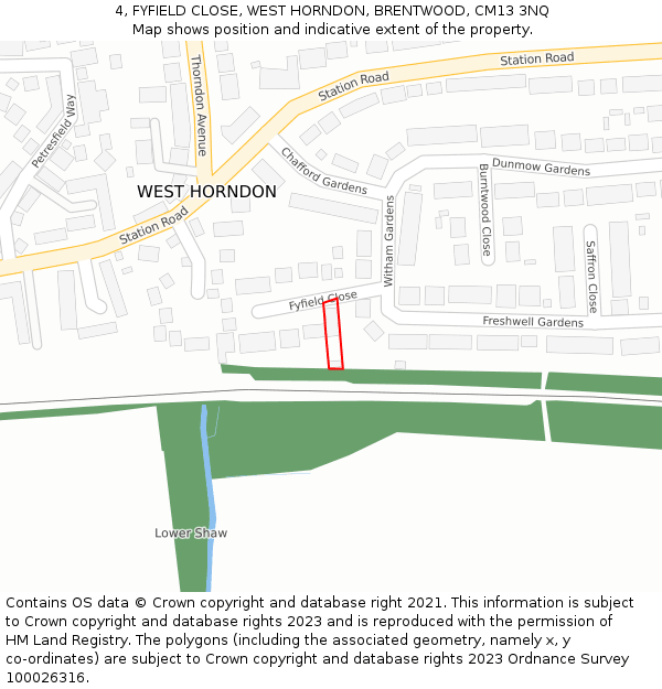 4, FYFIELD CLOSE, WEST HORNDON, BRENTWOOD, CM13 3NQ: Location map and indicative extent of plot