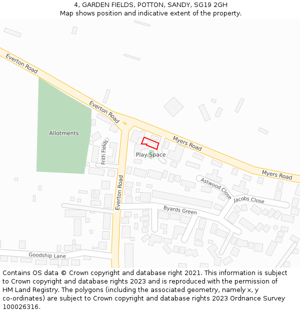 4, GARDEN FIELDS, POTTON, SANDY, SG19 2GH: Location map and indicative extent of plot