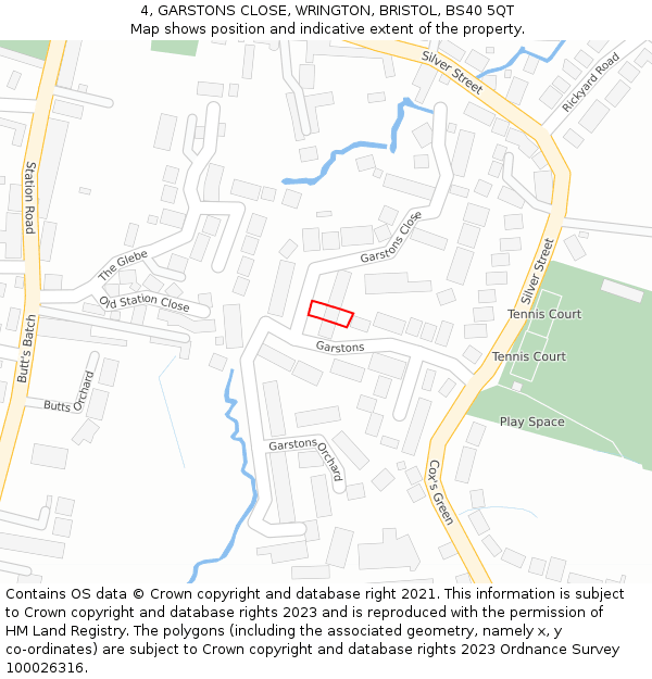 4, GARSTONS CLOSE, WRINGTON, BRISTOL, BS40 5QT: Location map and indicative extent of plot