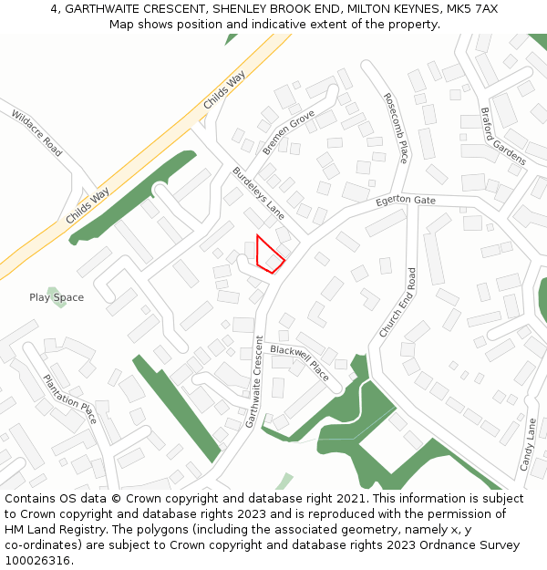 4, GARTHWAITE CRESCENT, SHENLEY BROOK END, MILTON KEYNES, MK5 7AX: Location map and indicative extent of plot