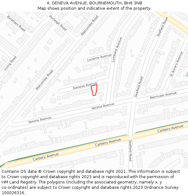 4, GENEVA AVENUE, BOURNEMOUTH, BH6 3NB: Location map and indicative extent of plot