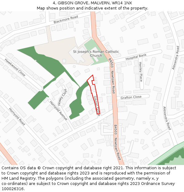 4, GIBSON GROVE, MALVERN, WR14 1NX: Location map and indicative extent of plot
