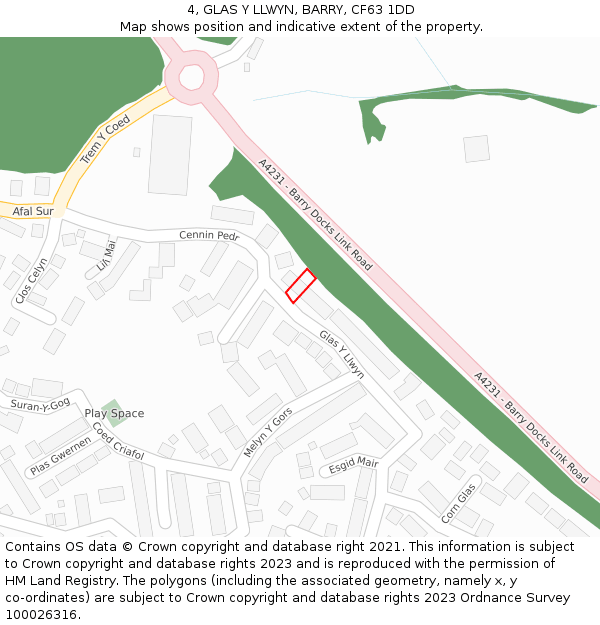 4, GLAS Y LLWYN, BARRY, CF63 1DD: Location map and indicative extent of plot