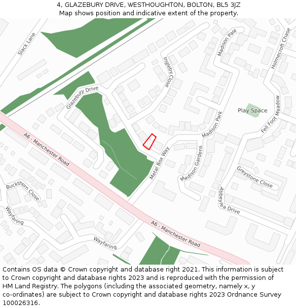 4, GLAZEBURY DRIVE, WESTHOUGHTON, BOLTON, BL5 3JZ: Location map and indicative extent of plot
