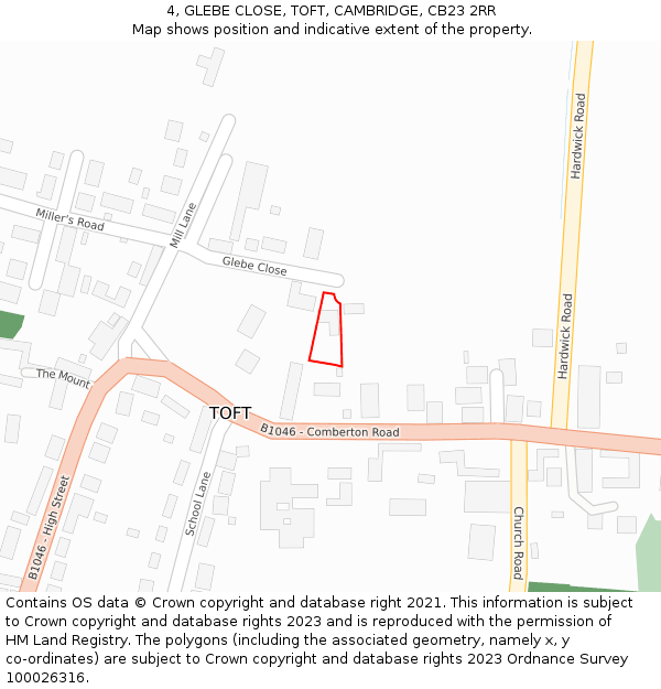 4, GLEBE CLOSE, TOFT, CAMBRIDGE, CB23 2RR: Location map and indicative extent of plot