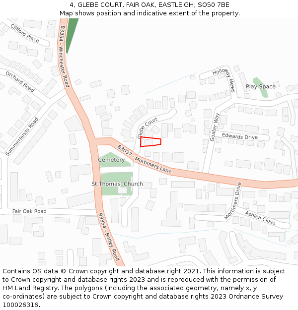 4, GLEBE COURT, FAIR OAK, EASTLEIGH, SO50 7BE: Location map and indicative extent of plot