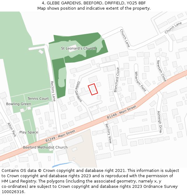 4, GLEBE GARDENS, BEEFORD, DRIFFIELD, YO25 8BF: Location map and indicative extent of plot