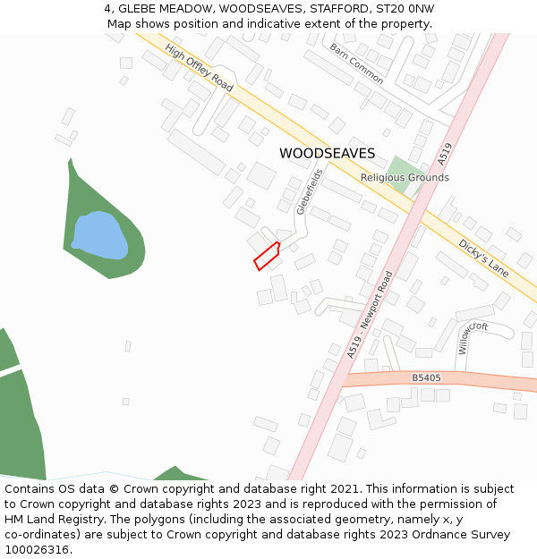 4, GLEBE MEADOW, WOODSEAVES, STAFFORD, ST20 0NW: Location map and indicative extent of plot