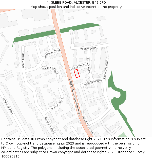 4, GLEBE ROAD, ALCESTER, B49 6FD: Location map and indicative extent of plot
