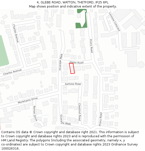 4, GLEBE ROAD, WATTON, THETFORD, IP25 6PL: Location map and indicative extent of plot