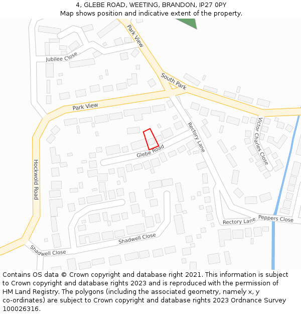 4, GLEBE ROAD, WEETING, BRANDON, IP27 0PY: Location map and indicative extent of plot