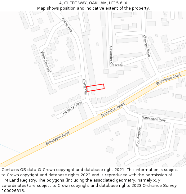 4, GLEBE WAY, OAKHAM, LE15 6LX: Location map and indicative extent of plot